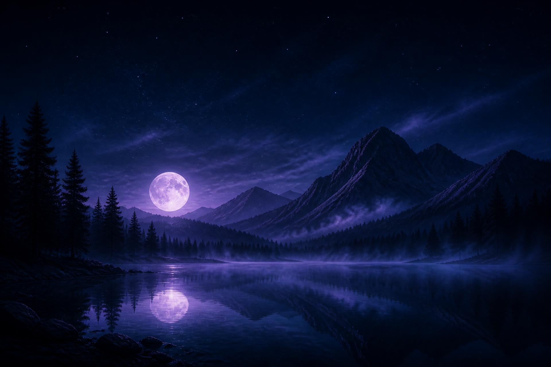 Moonlit mountain lake with mist and pine forest at night